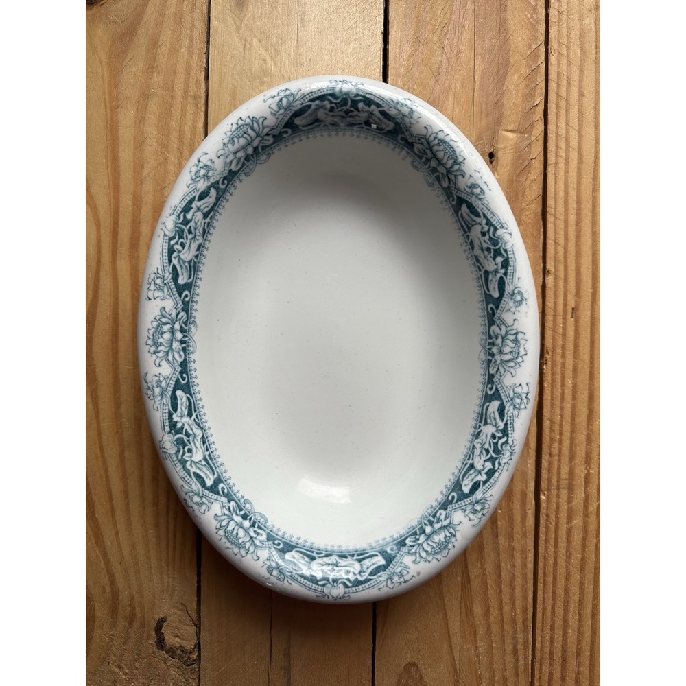 Antique Higgins & Seiter England hotel ware oval stoneware serving bowl blue Flo